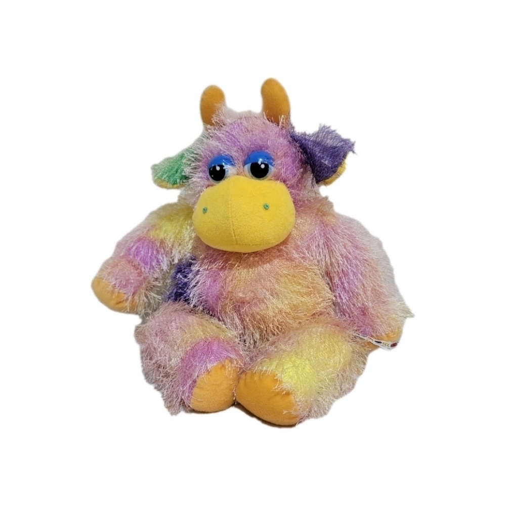 VINTAGE AURORA WORLD COLORFUL FUZZY JERSEY COW PLUSH ANIMAL ROUND PLASTIC EYES